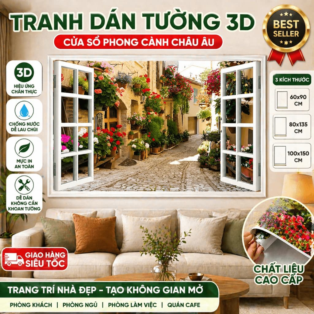 Tranh Dán Tường 3D Giả Cửa Sổ Phố Hoa Châu Âu và Cầu Đá Thiên Nhiên, Kích Thước 60x90cm