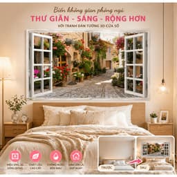Tranh Dán Tường 3D Giả Cửa Sổ Phố Hoa Châu Âu và Cầu Đá Thiên Nhiên, Kích Thước 60x90cm 2
