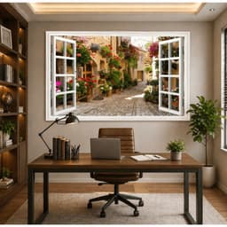 Tranh Dán Tường 3D Giả Cửa Sổ Phố Hoa Châu Âu và Cầu Đá Thiên Nhiên, Kích Thước 60x90cm 6