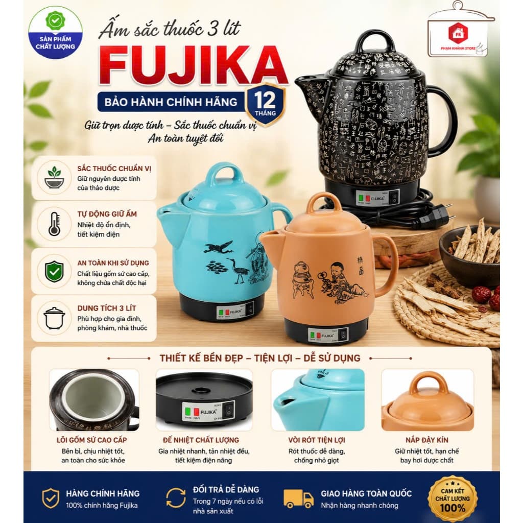 Ấm Sắc Thuốc Điện Fujika Chất Liệu Gốm Sứ Bát Tràng Chịu Nhiệt Cao Cấp Dung Tích 3 Lít