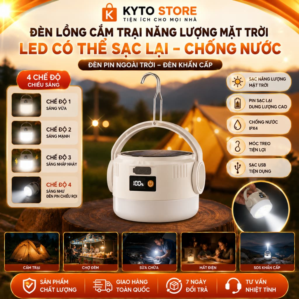 Đèn Lồng Cắm Trại Năng Lượng Mặt Trời LED Có Thể Sạc Lại Chống Nước Đèn Pin Ngoài Trời, Đèn Khẩn Cấp