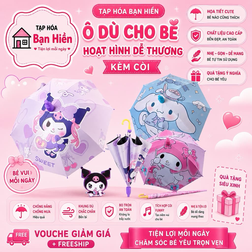 [KH]Dù Trẻ Em Hoạt Hình Dễ Thương, Ô Che Mưa Nắng Cho Bé Trai Bé Gái, Khung Thép Chống Gió, Vải Dày Bền