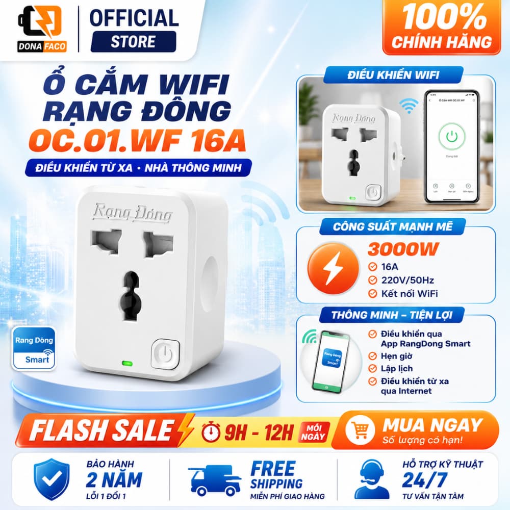 Ổ cắm wifi Rạng Đông OC.01.WF 16A 3500W thông minh tích hợp điều khiển thiết bị và hẹn giờ tắt