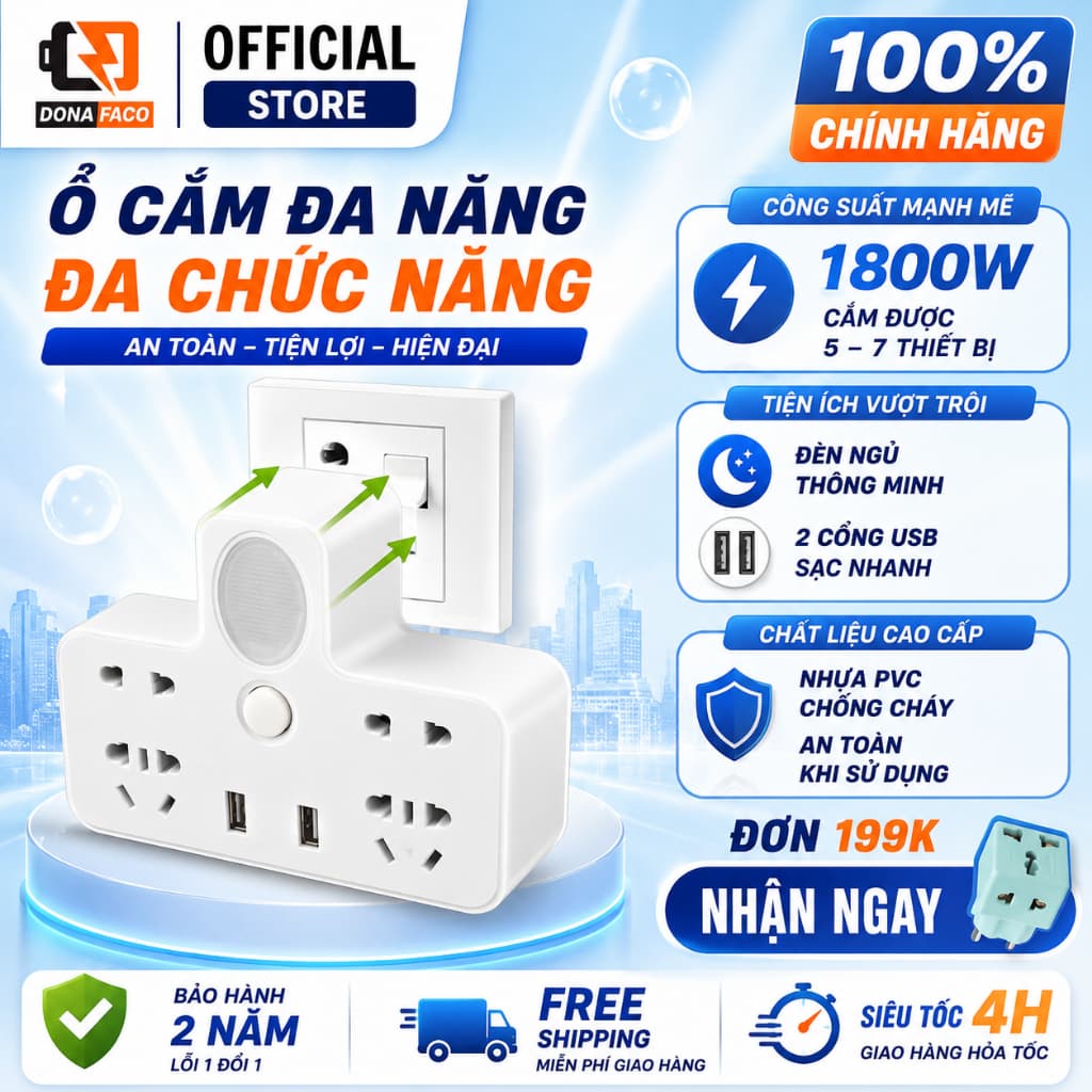 Bộ chia ổ cắm đIện 3 chấu và 2 cổng usb, 4 ổ cắm đIện tiện lợI có đèn ngủ