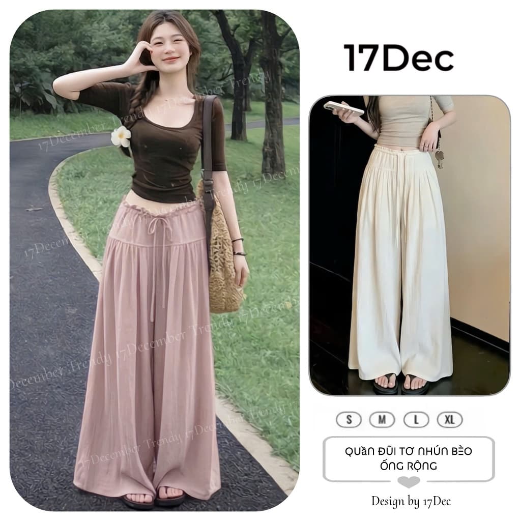 Quần đũi linen giả váy ống rộng 17Dec-818, quần đũi tơ ống rộng giả váy thiết kế bèo nhún 2 lớp