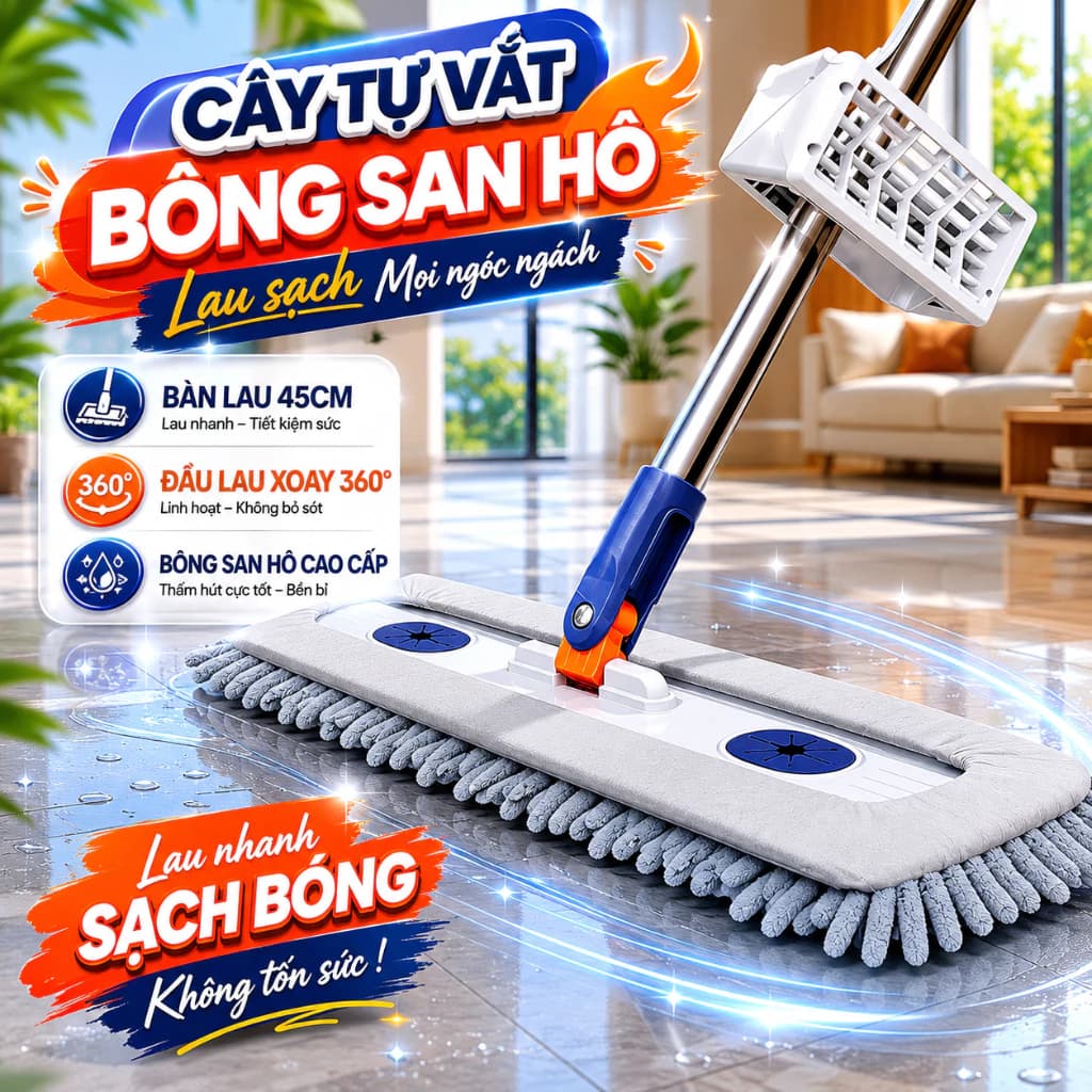 Cây Lau Nhà Tự Vắt, Chổi Lau Nhà Tự Vắt Thông Minh Xoay 360 Độ Tặng Kèm Bông Lau San Hô
