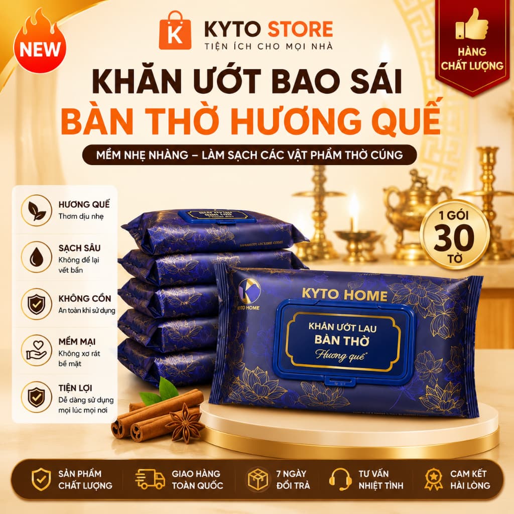 Khăn ướt bao sái bàn thờ hương quế KYTO mềm nhẹ nhàng làm sạch các vật phẩm thờ cúng 1 Gói 30 tờ