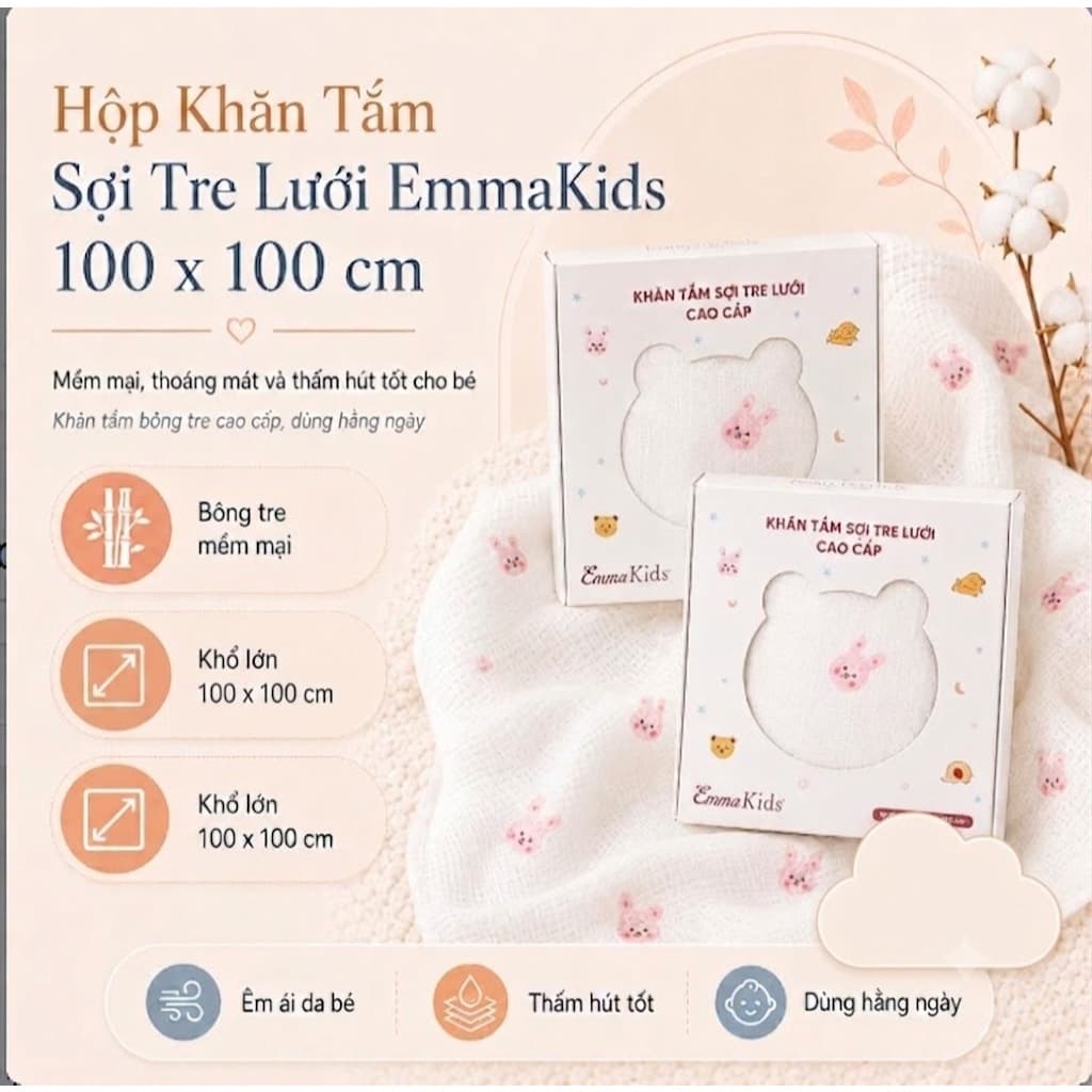 Hộp Khăn Tắm Sợi Tre Lưới Cao Cấp Emmakids, Dệt Từ Bông Tre Mềm Mại, Thấm Hút Si100x100cm