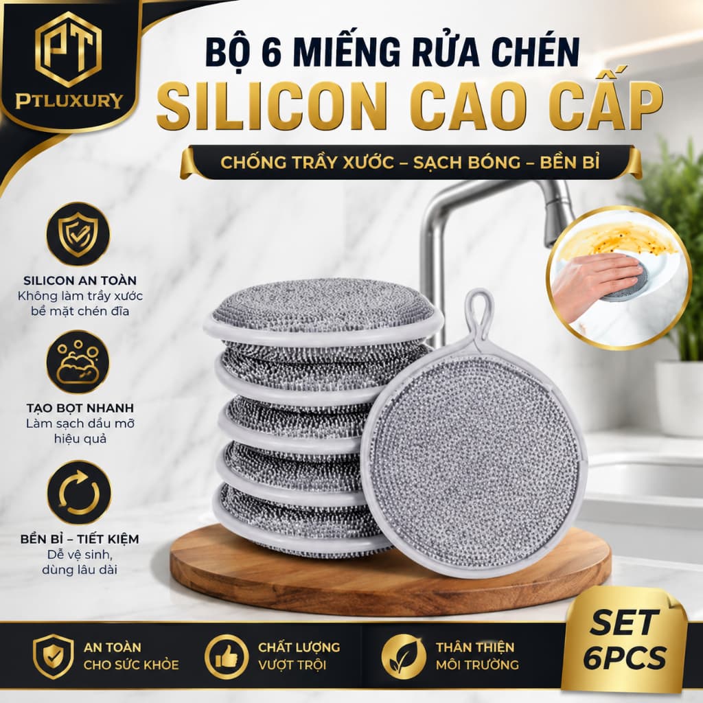 [ COMBO 6 CÁI ] Miếng Bọt Biển Rửa Chén Bát 3 Lớp PTLUXURY Giẻ Rửa Bát Đĩa Đũa Cọ Xoong Nồi Đa Năng Tạo Bọt