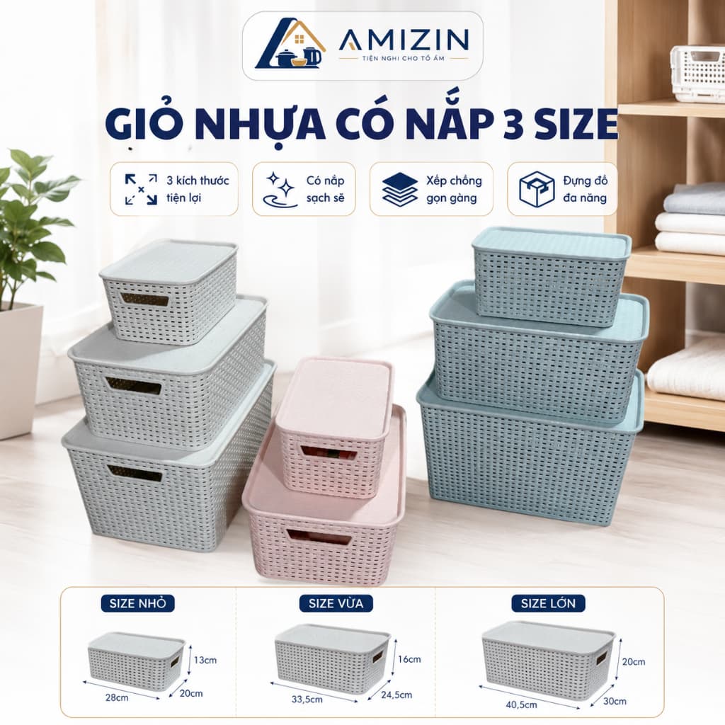 Giỏ Nhựa Có Nắp 3 Size Việt Nhật, Giỏ Đựng Đồ Đa Năng Tiết Kiệm Không Gian(MS: 3386/3387/3388)