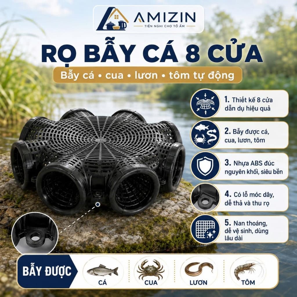 Rọ Bẫy Lươn, Tôm, Cá 8 Cửa hàng loại 1 Nhựa PP Thái Lan - Bẫy Tôm, Cua, Cá, Lươn, Trạch + Tặng Mồi và hộp AMIZIN