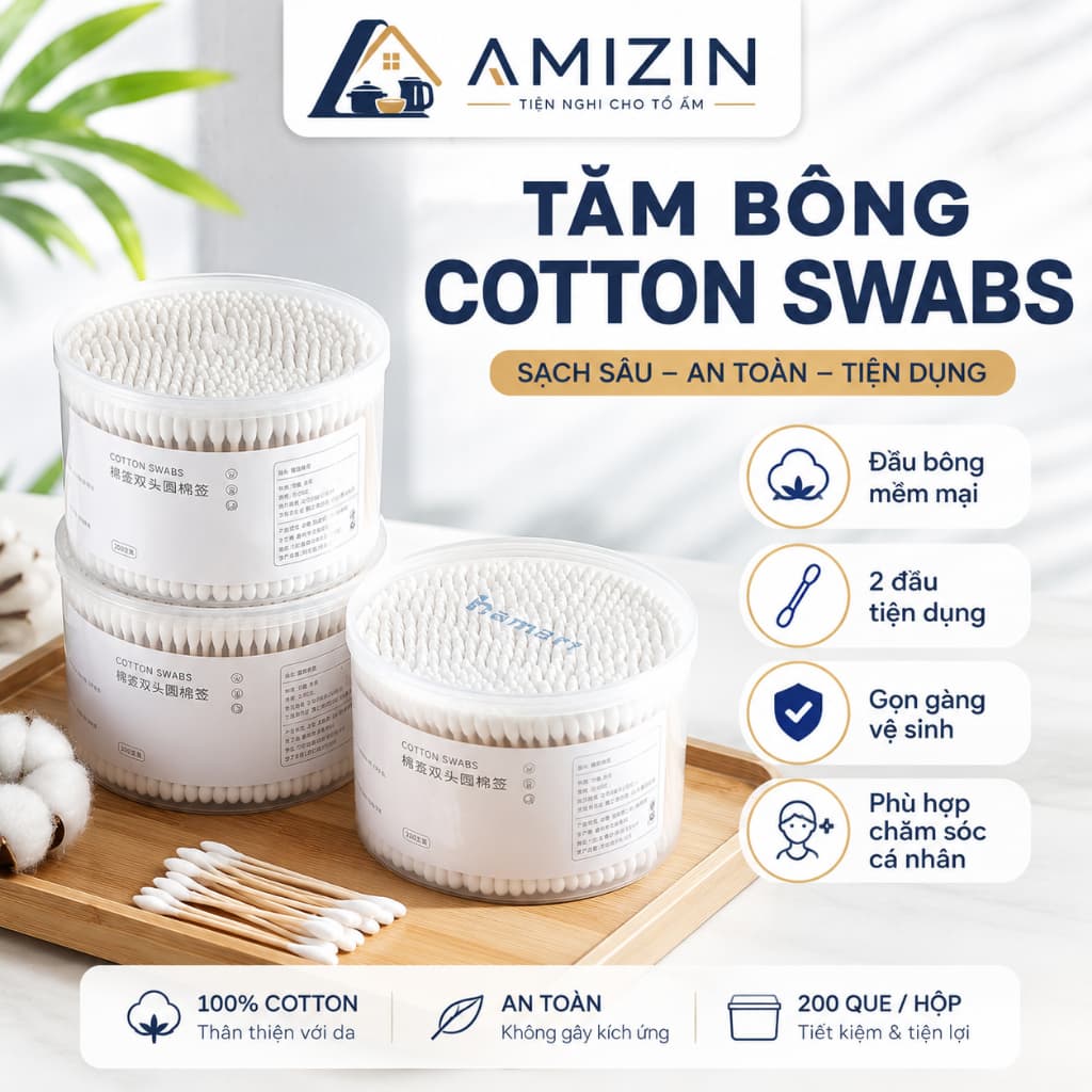 Hộp 500 Tăm Bông Thân Gỗ Tre Ngoáy Tai Người Lớn 2 Đầu Vệ Sinh Tai Đa Năng An Toàn Tiện Lợi