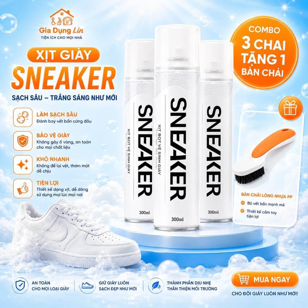 ( Combo 3 Tặng 1) Chai Xịt Bọt Vệ Sinh Giày 300ml – Làm Sạch Giày Sneaker, Khử Mùi Nhanh, Tiện Lợi Không Dùng Nước