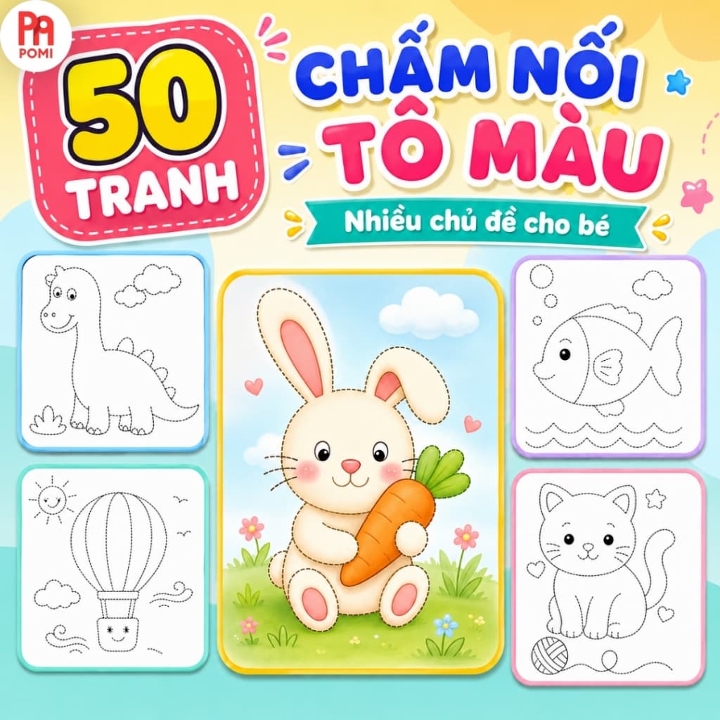 50 tranh nối chấm tô màu nhiều mẫu không trùng cho bé khổ giấy A5 A4 - POMI