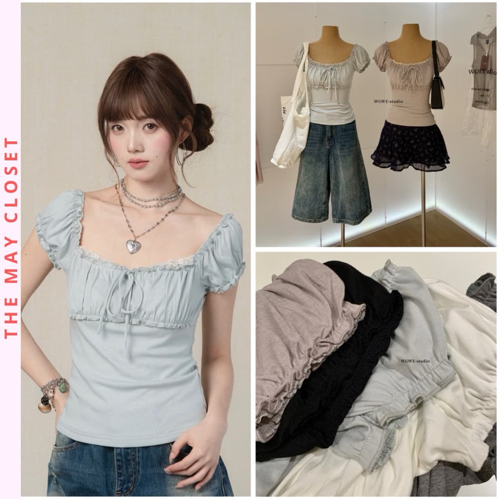 [SẴN] 𝑻𝒉𝒆𝑴𝒂𝒚 x 𝐖𝐆𝐖𝐄/ Áo Kiểu Nữ Tay Phồng Cổ Vuông Viền Ren WG.WE 10091, Áo Thun Kiểu Pháp Form Ôm Tôn Dáng