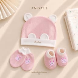 Set mũ bao tay bao chân sơ sinh cotton xuất Hàn Anchee cao cấp – Bộ mũ tai gấu mềm mịn, thoáng khí cho bé 0-6 tháng 2