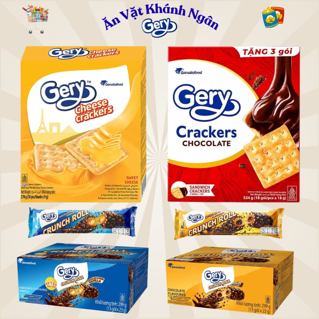Bánh Quy Phô Mai Gery Cheese Crackers và Bánh Cuộn Gery Crunch Roll Phủ Socola - HÀNG CHÍNH HÃNG