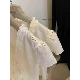 DÂU TÂY Áo Thô Boi WG.WE 8974 Áo Kiểu Nữ Voan Tơ Thêu Hoa Nhí WO WE, Áo Thun Ren Cộc Tay Thắt Nơ Dây Rút Tiểu Thư 7