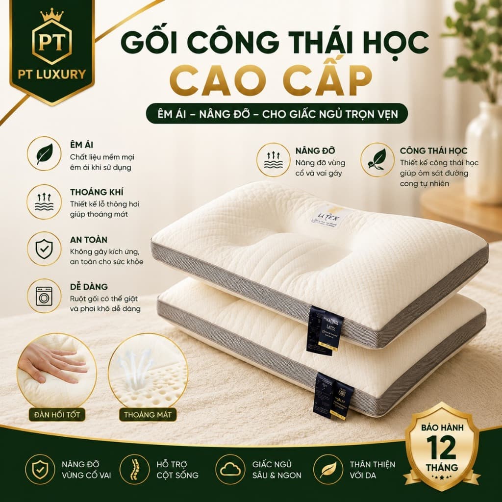 Gối ngủ 3D PTLUXURY cao cấp chống đau mỏi vai gáy kích thước 48 cm x 74 cm