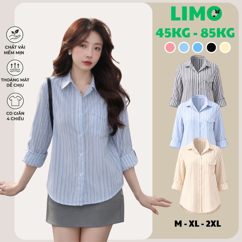 [Có Bigsize 45-85kg] Áo Sơ Mi Nữ Limo Form Rộng Tay Dài Vải Đũi Linen Sọc Dọc Có Túi Dễ Phối MS413