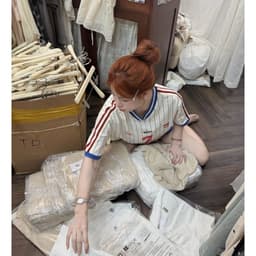 DÂU TÂY ( CÓ SẴN ) Áo Thun Blockecore Nữ Sọc Kẻ Số 7 Phong Cách Thể Thao Áo Phông Oversize Tay Lỡ Unisex Giấu Quần 3