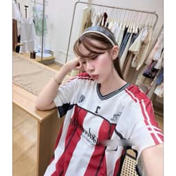 DÂU TÂY ( CÓ SẴN ) Áo Thun Blockecore Nữ Sọc Kẻ Số 7 Phong Cách Thể Thao Áo Phông Oversize Tay Lỡ Unisex Giấu Quần 5