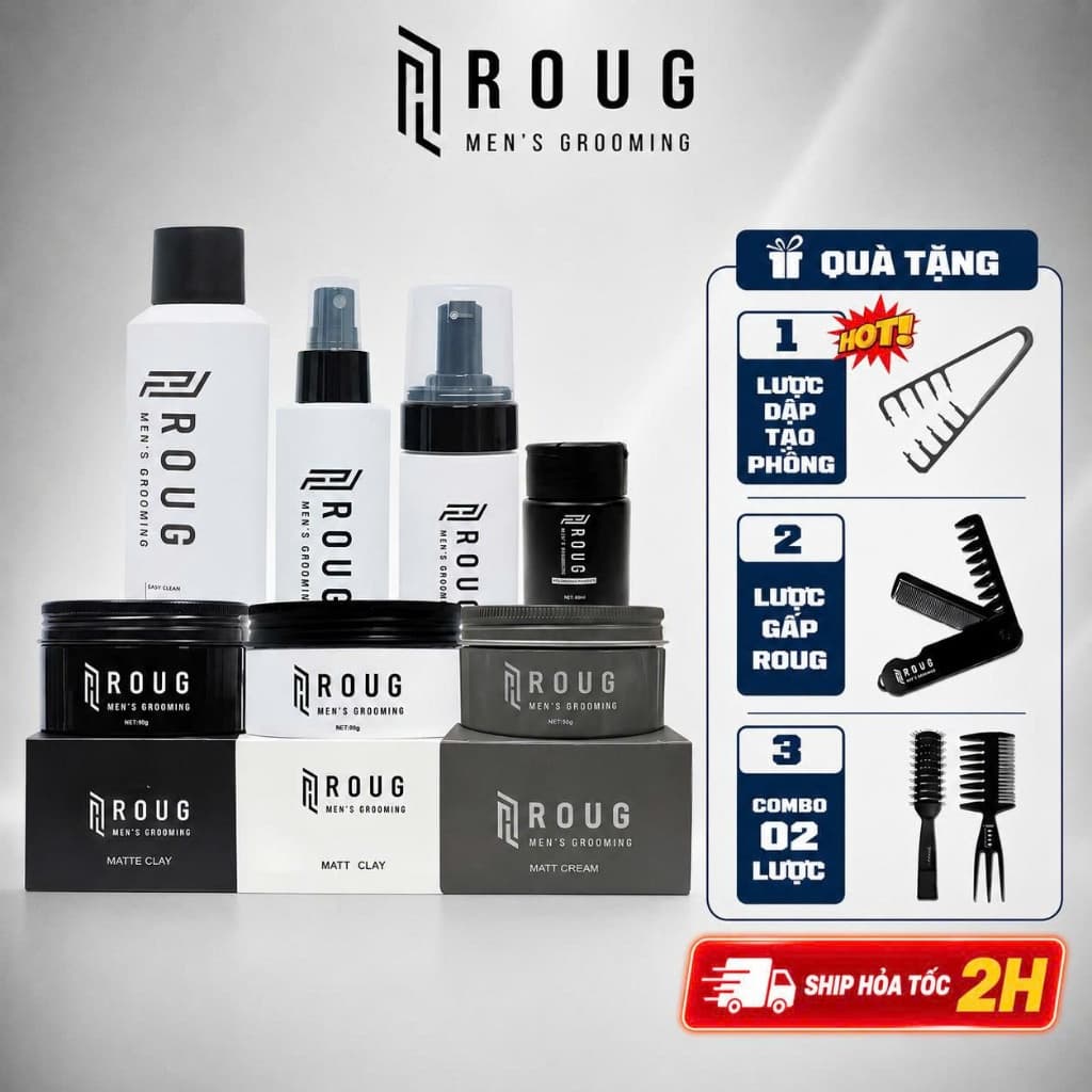 [COMBO] Sáp vuốt tóc Roug Matte Clay màu đen , Matt Clay trắng , Cream xám 90gr - Gôm xịt - Bột