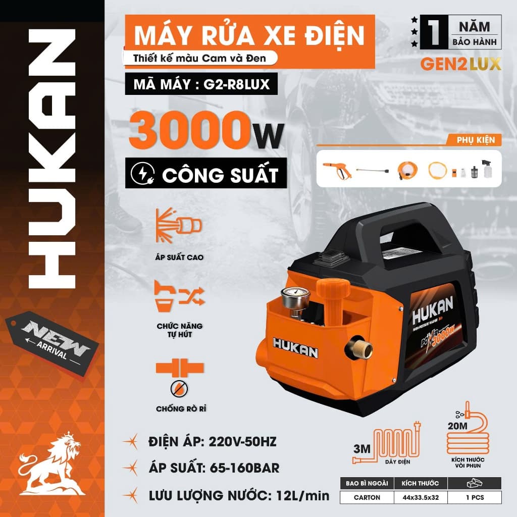 Máy rửa xe điện Hukan G2-R8LUX , Công suất 3000w, Dây 20 mét, Lưu lượng 12 lít/phút - Motor đồng 100%