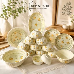 Bộ Bát Đĩa Gốm Sứ Họa Tiết Hoa Cúc Vàng CAO CẤP Dùng Cho Bữa Ăn Gia Đình, Quà Tặng Tân Gia Ý Nghĩa 4
