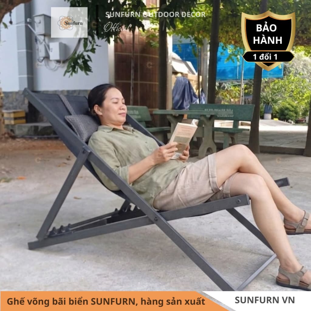 Ghế Võng Bãi Biển SUNFURN - Ghế Tắm Nắng Hồ Bơi Thư Giãn Ngoài Trời Khung Sắt Sơn Tĩnh Điện Vải Textilene Cao Cấp 130x60