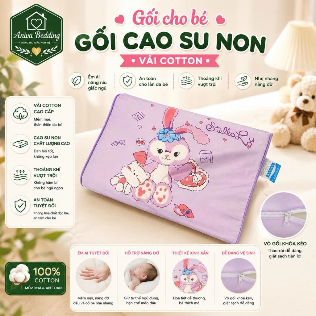 Gối Cao Su Non Cotton Em Bé Aniva Bedding 44x27x4/6cm Êm Ái Thoáng Khí Nâng Đỡ Cổ Vai Cho Bé