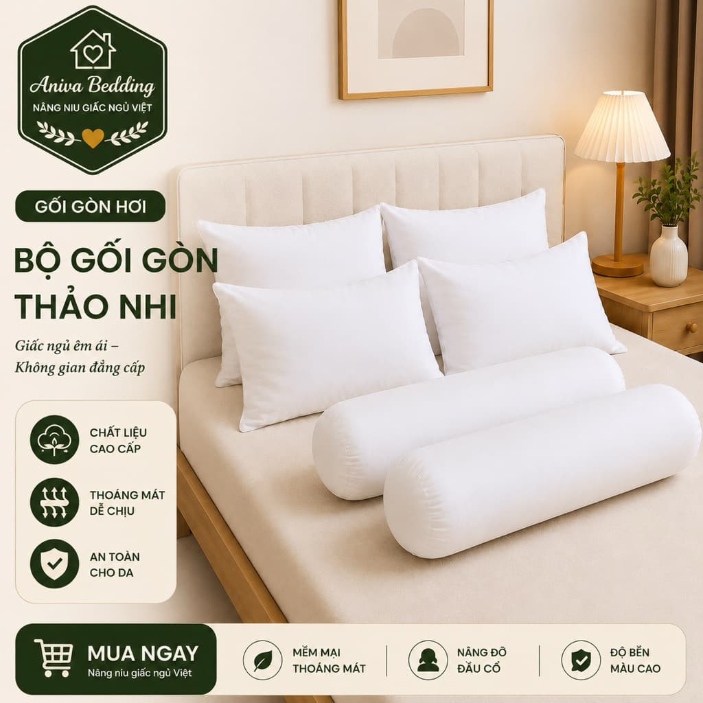 Gối Gòn Thảo Nhi Aniva Bedding Êm Ái Đàn Hồi Tốt Gối Nằm 40x60 50x70 Gối Ôm 35x100