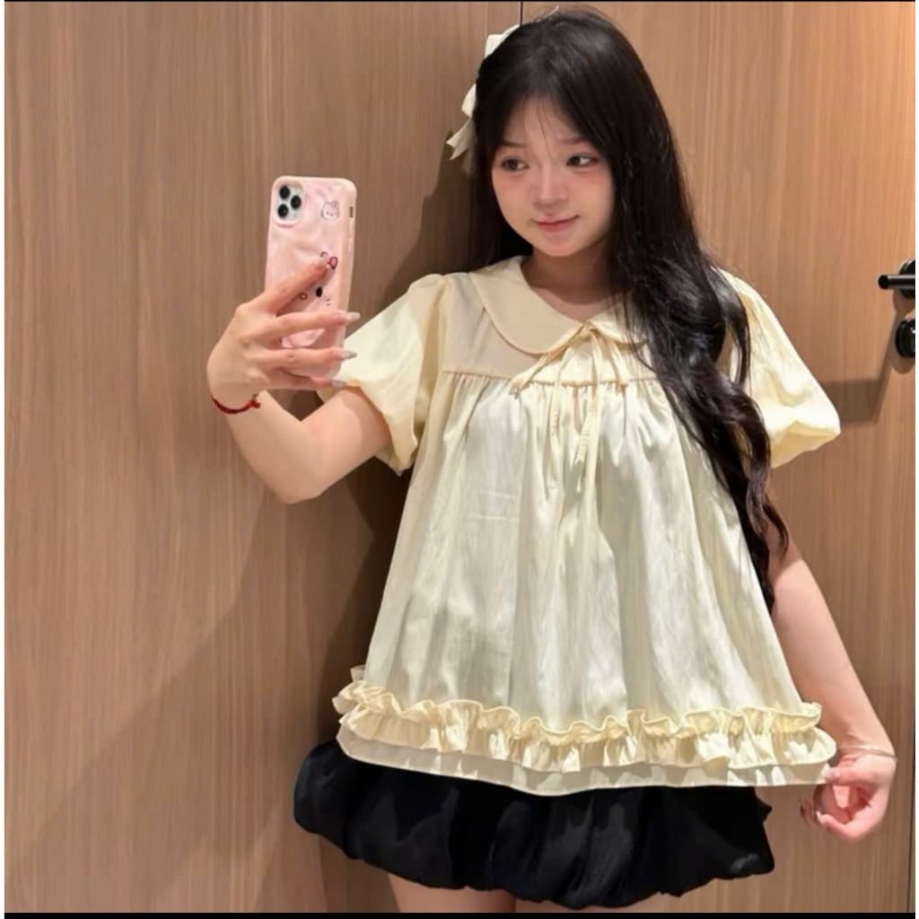 Áo babydoll nơ ngực gấu bèo 1 tầng tay bồng tiểu thư
