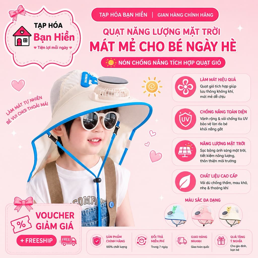 Mũ Che Nắng Cho Bé Tích Hợp Quạt Mini – Sạc USB & Năng Lượng Mặt Trời, Mũ Rộng Vành Che Gáy Siêu Mát