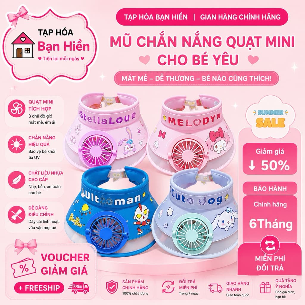 m1 Mũ Nón Chống Nắng Cho Bé, Thiết Kế Kèm Quạt USB 3 Tốc Độ Giúp Bé Thoáng Mát, Chống Nắng Thoải Mái m2
