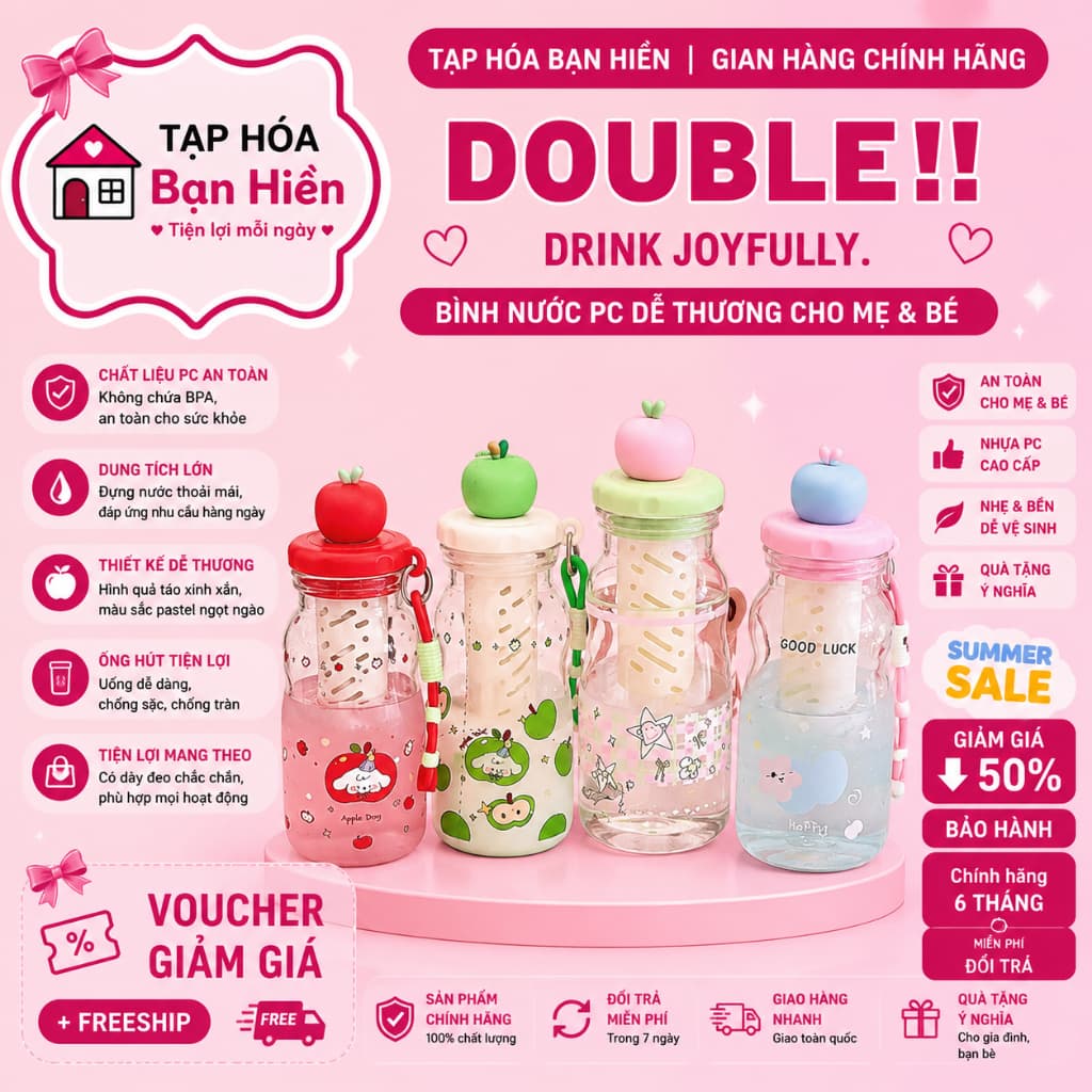 Bình nhựa nắp táo kèm lõi lọc trà 480ml siêu củe thiết kế dễ thương với nắp hình quả táo