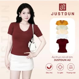 Áo Thun Nữ Basic Cổ Tim Trơn JUSTDUN A2 – Chất Cotton Lông Mịn Cao Cấp, Co Giãn 4 Chiều 1
