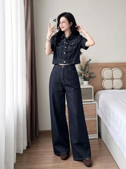 Set bộ Jean, Set thiết kế áo croptop tay ngắn chất Jean QC đính nút túi hộp mix suông dài ống rộng 4