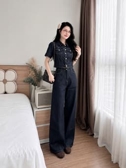Set bộ Jean, Set thiết kế áo croptop tay ngắn chất Jean QC đính nút túi hộp mix suông dài ống rộng 7
