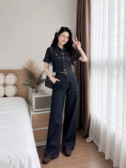Set bộ Jean, Set thiết kế áo croptop tay ngắn chất Jean QC đính nút túi hộp mix suông dài ống rộng 8