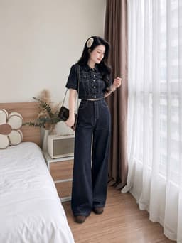 Set bộ Jean, Set thiết kế áo croptop tay ngắn chất Jean QC đính nút túi hộp mix suông dài ống rộng 6