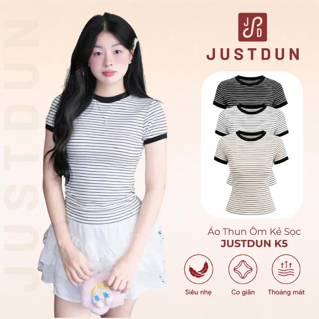 Áo Thun Ôm Body Kẻ Sọc Nữ JUSTDUN K5 - Chất Cotton Mịn, Co Giãn, Tôn Dáng, Thoải Mái