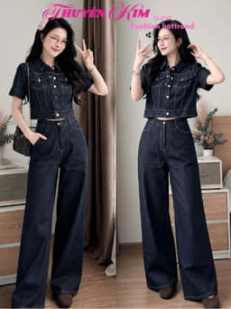 Set bộ Jean, Set thiết kế áo croptop tay ngắn chất Jean QC đính nút túi hộp mix suông dài ống rộng 1