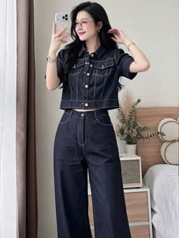 Set bộ Jean, Set thiết kế áo croptop tay ngắn chất Jean QC đính nút túi hộp mix suông dài ống rộng 2