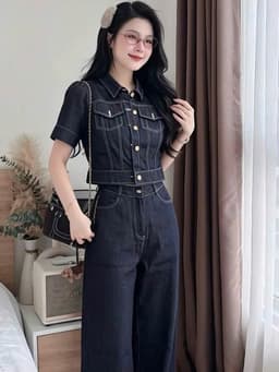 Set bộ Jean, Set thiết kế áo croptop tay ngắn chất Jean QC đính nút túi hộp mix suông dài ống rộng 3