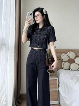 Set bộ Jean, Set thiết kế áo croptop tay ngắn chất Jean QC đính nút túi hộp mix suông dài ống rộng 5