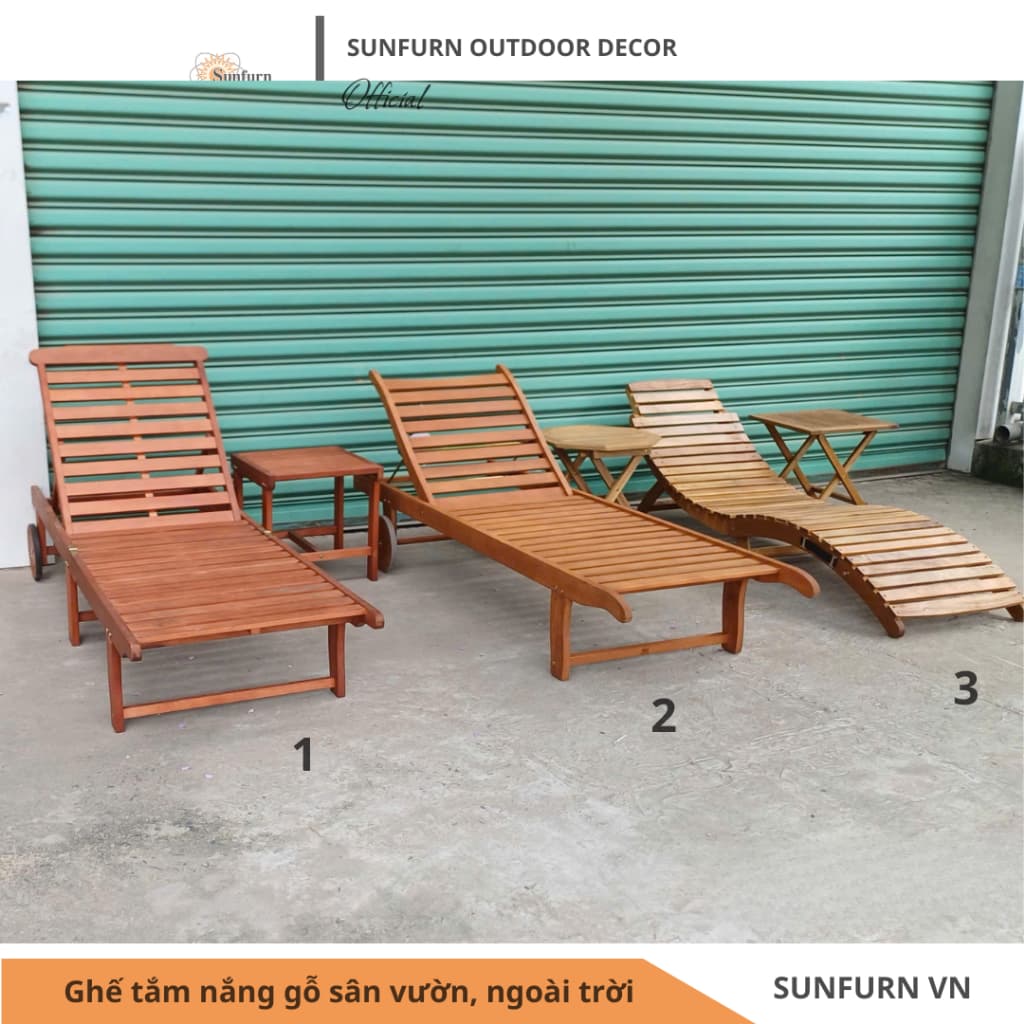 [HÀNG CHÍNH HÃNG] Ghế Tắm Nắng Gỗ Tự Nhiên Ngoài Trời SUNFURN - Giường Hồ Bơi Resort Bãi Biển Cao Cấp