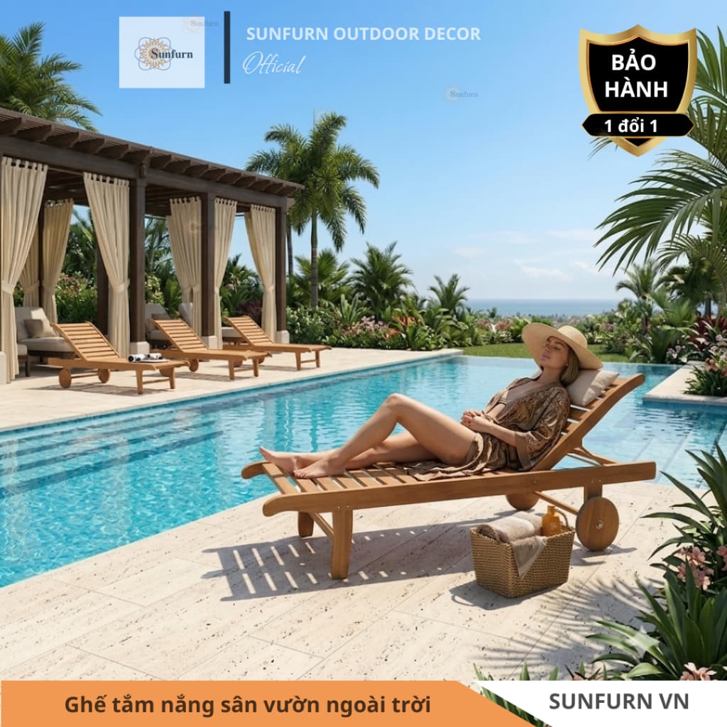 [Hàng Chính Hãng] Ghế Tắm Nắng Sân Vườn Ngoài Trời SUNFURN VIN2 - Giường Gỗ Hồ Bơi Cao Cấp Có Bánh Xe Cho Resort Hồ Bơi