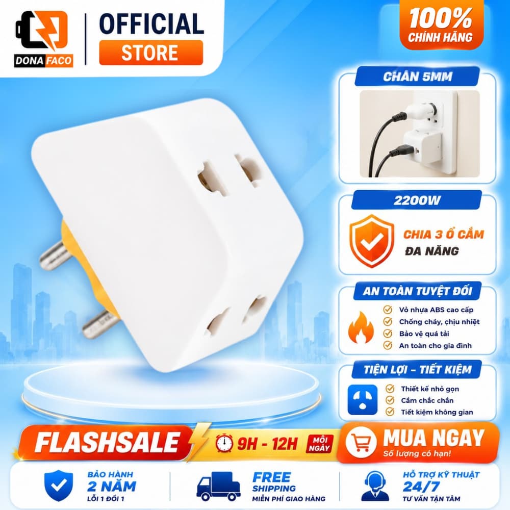 [1 Đổi 1] Đầu Nối Chia Điện 3 Cửa Sopoka P11, Ổ Cắm Chia 3 Chạc Chịu Tải 2200W - Chính Hãng