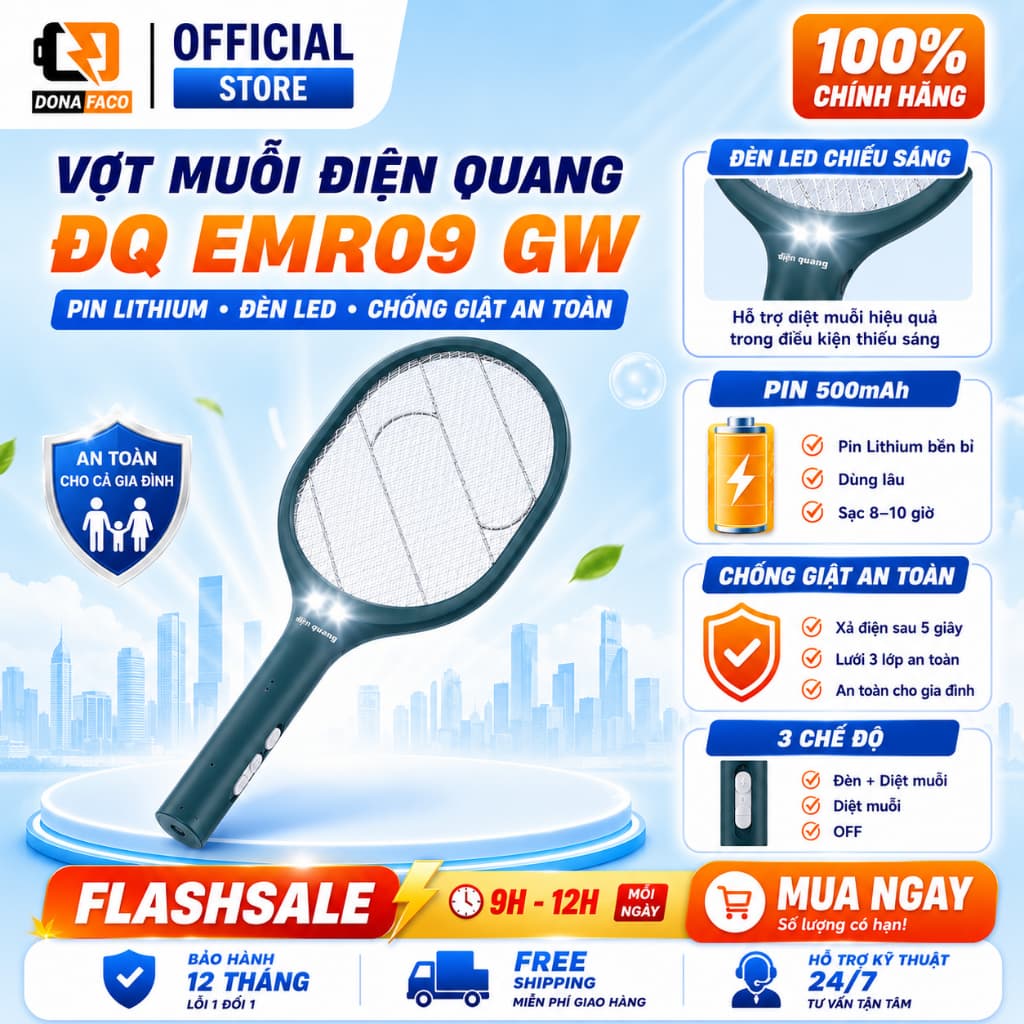 Vợt Muỗi Điện Quang ĐQ EMR09 GW tích hợp đèn LED chiếu sáng pin lâu